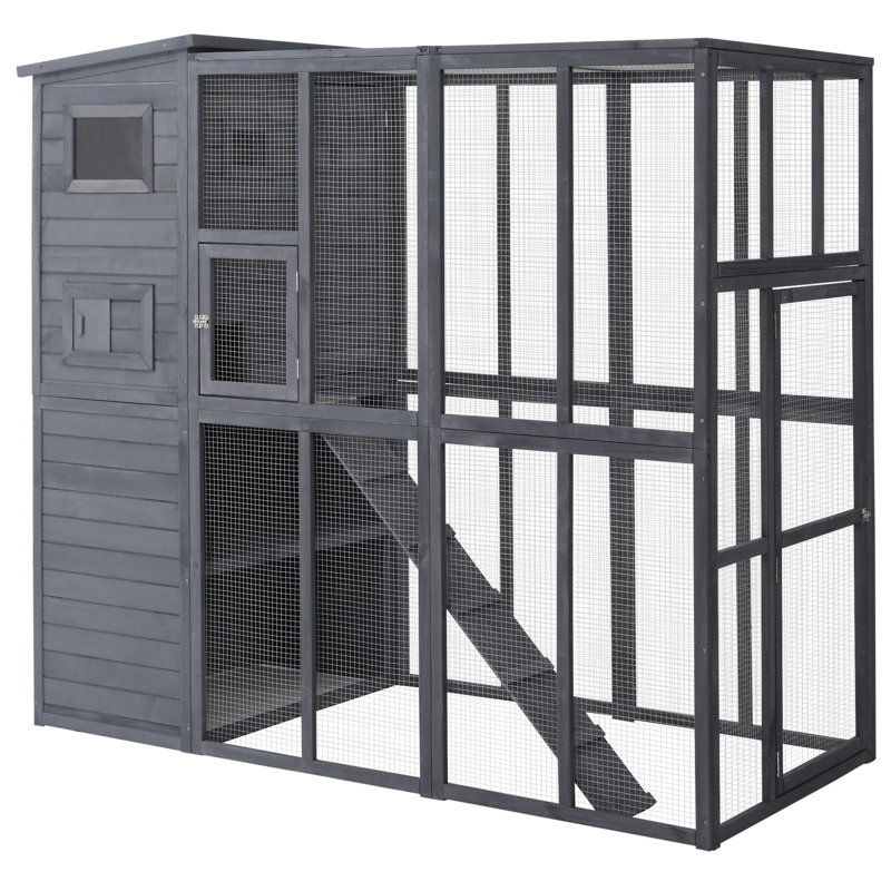 Gray Wooden Outdoor Cat House with Platforms and Ramps