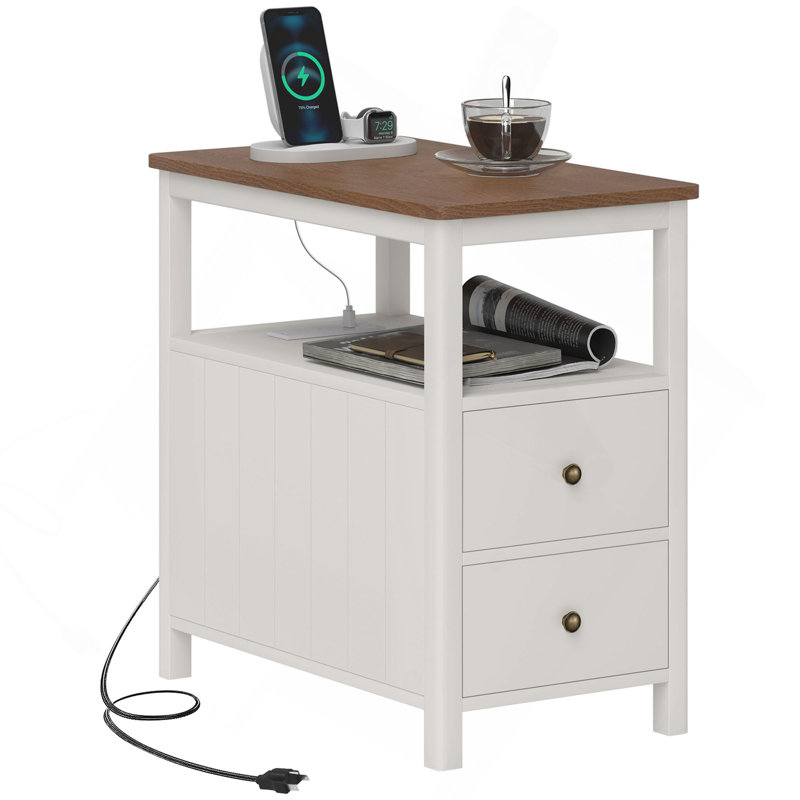 Table de bout moderne avec station de charge et ports USB, table d'appoint étroite avec tiroirs et tablette pour le salon, blanc
