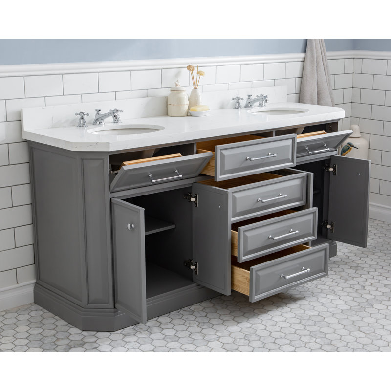 72" Palace Collection Quartz Carrara Cashmere Grey Bathroom Vanity Set With Hardware And F2-0012 Faucets in Chrome Finish