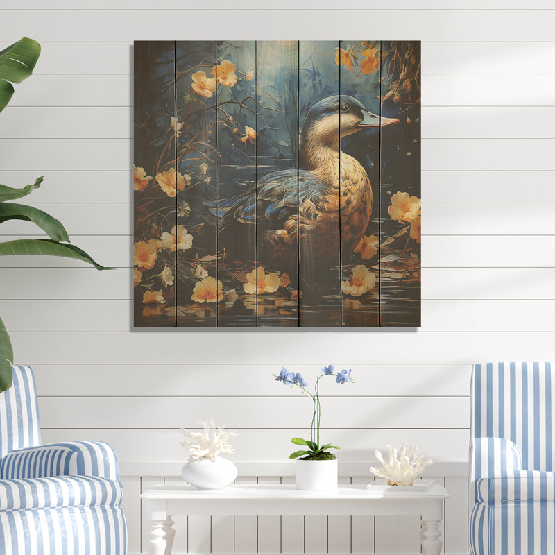 Canard bleu et jaune à motif floral de minuit - animal canard sur bois, H 15 po x l 15 po