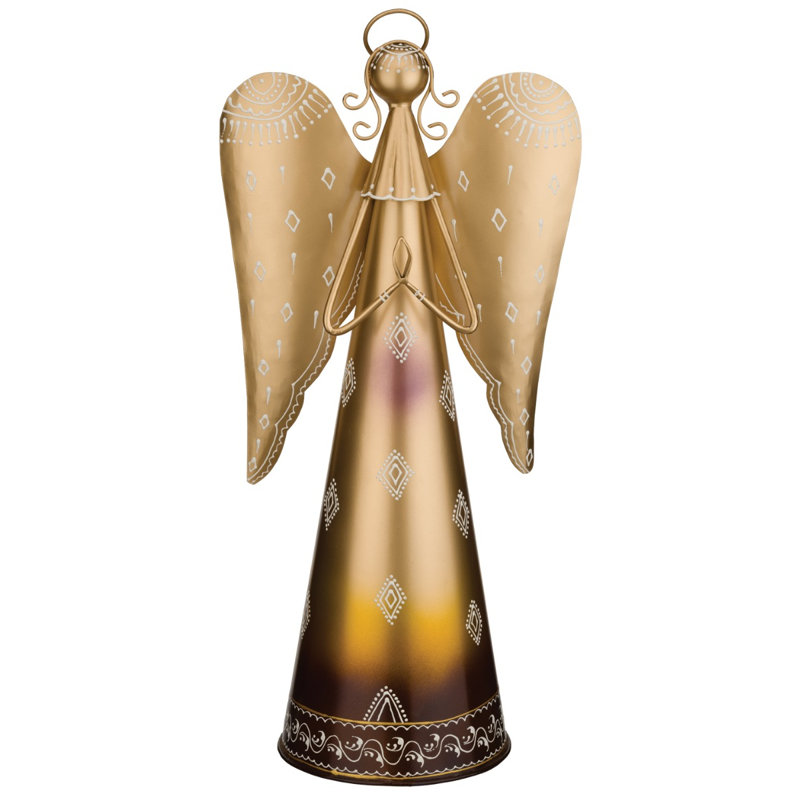 Figurine d'ange debout en métal avec une aile complexe et une œuvre d'art peinte à la main détaillée, Doré