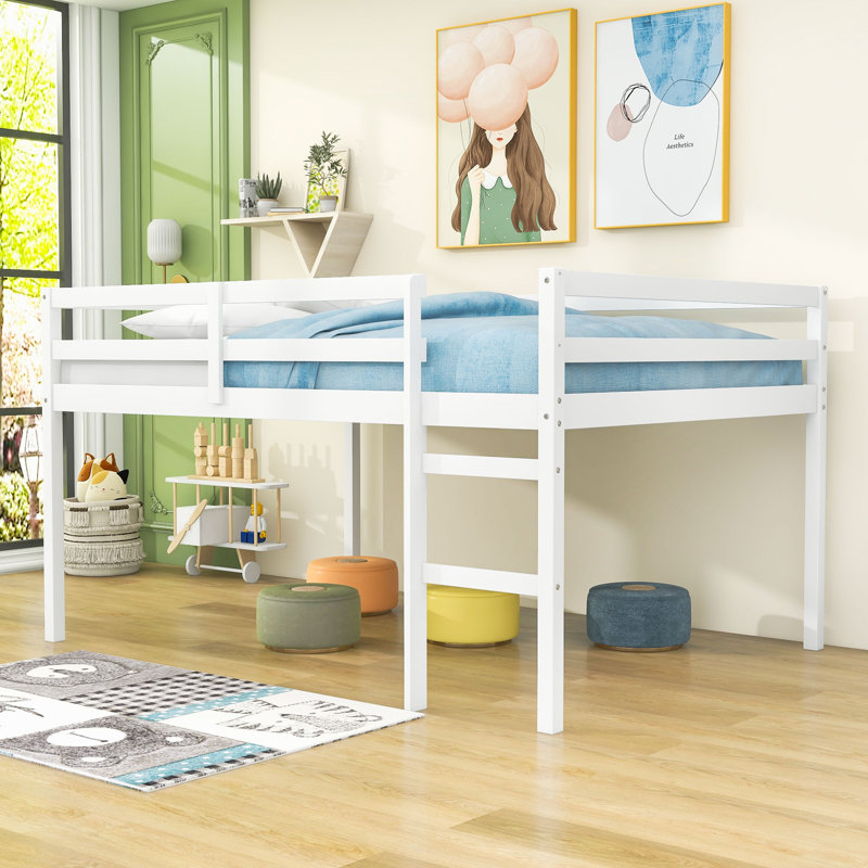 Lit mezzanine double en bois avec garde-corps Heikea par Harriet Bee, Blanc