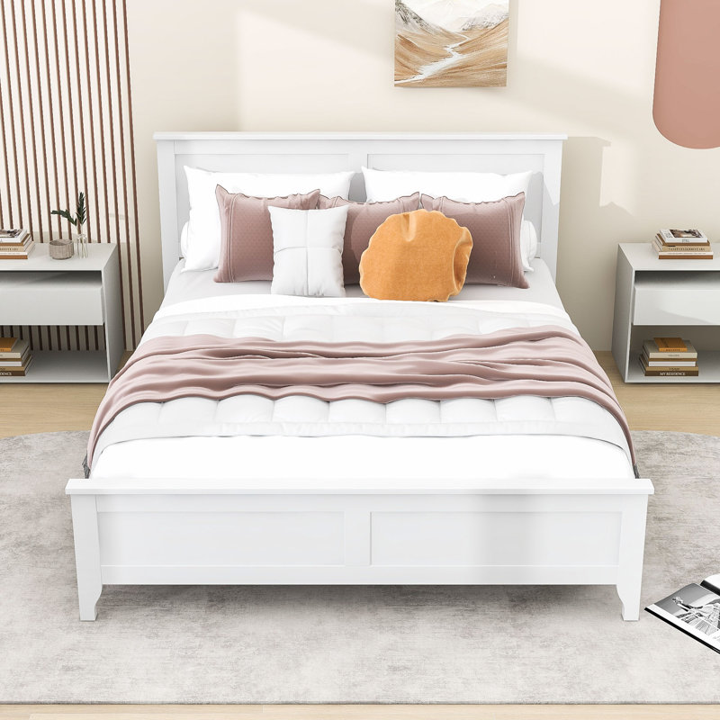 Zachai Wood Platform Bed Frame with Headboard, White, Queen