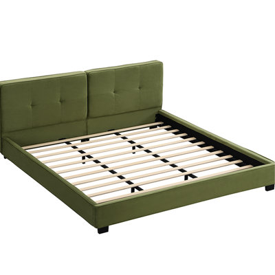 King Size Olive Upholstered Platform Bed, Curved Headboard, Soft Velvet, Modern Sleek Look, No Box Spring, 12 Wooden Slats For Support Velvet Bed Frame, With Wide Headboard And Deep Round - Shaped