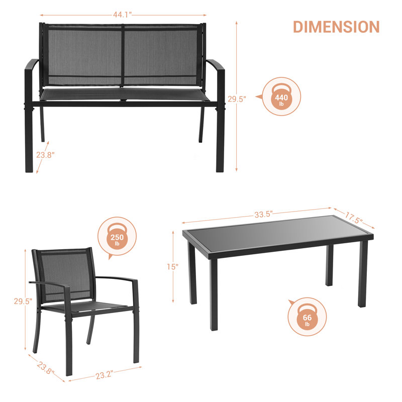4 Pcs All-Weather Patio Furniture, Modern PVC-Coated Polyester Bistro Sets Poolside Lawn Balcony Chairs With Loveseat And Glass Coffee Table