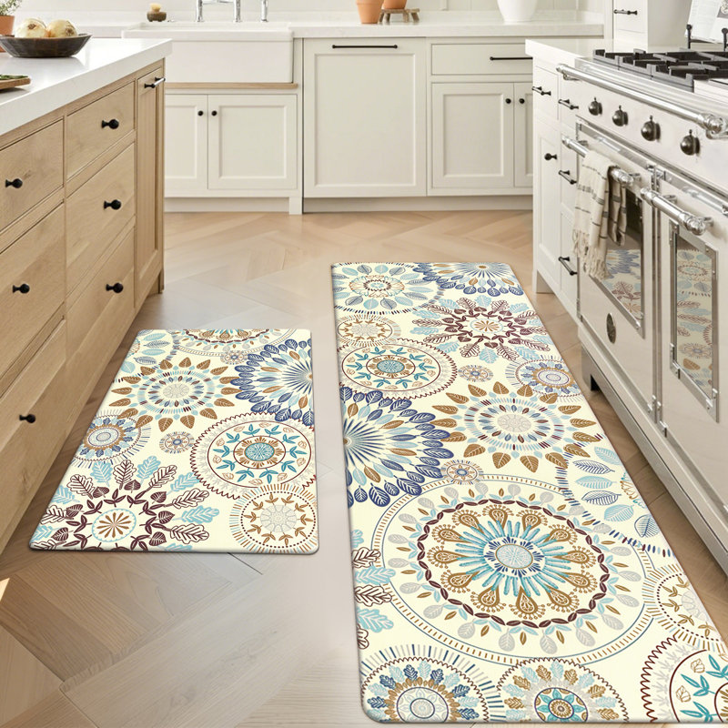 Jalissia Anti-Fatigue Non-Skid Kitchen Mat, Runner 20" x 31.5" + 20" x 59", White/Beige/Yellow/Gray