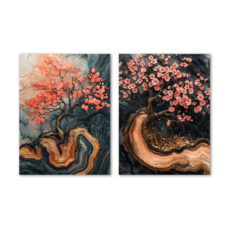 Golden Cherry Blossom Tree Garden of Dark Beauty I - impression botanique sur panneau 2 panneaux, 32" H x 48" W