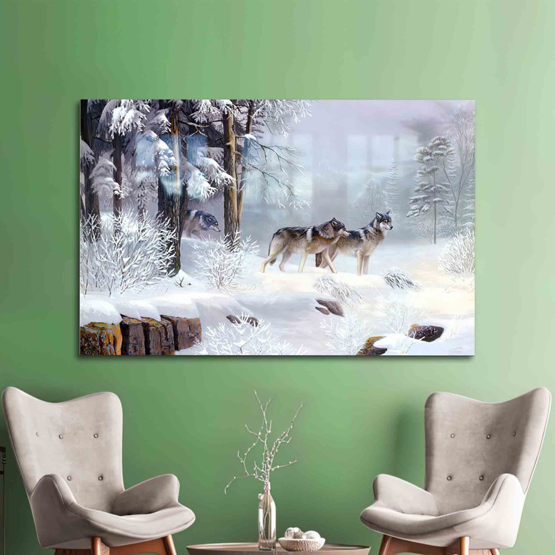 Superbe art mural en verre trempé représentant un paysage de forêt avec trois loups pour une décoration intérieure élégante