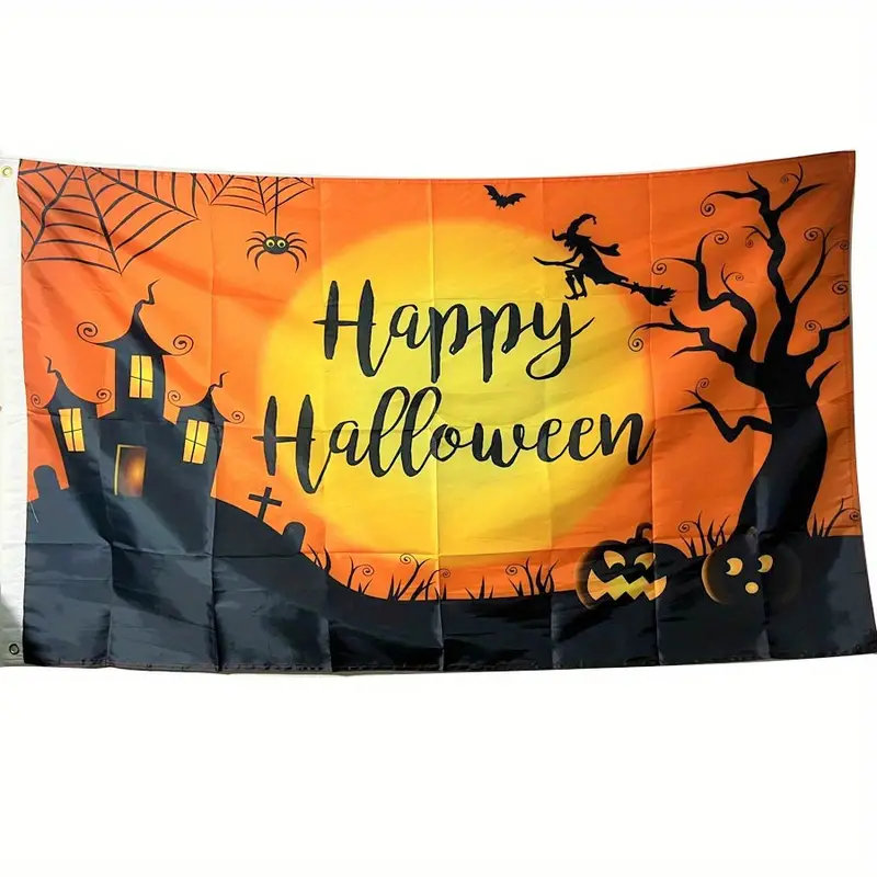 Drapeau Happy Halloween 3 x 5 pi - Polyester de qualité avec citrouille d'automne, yeux de sorcière effrayants, chat noir et château - Grande décoration murale intérieure / extérieure pour les articles de fête d'Halloween