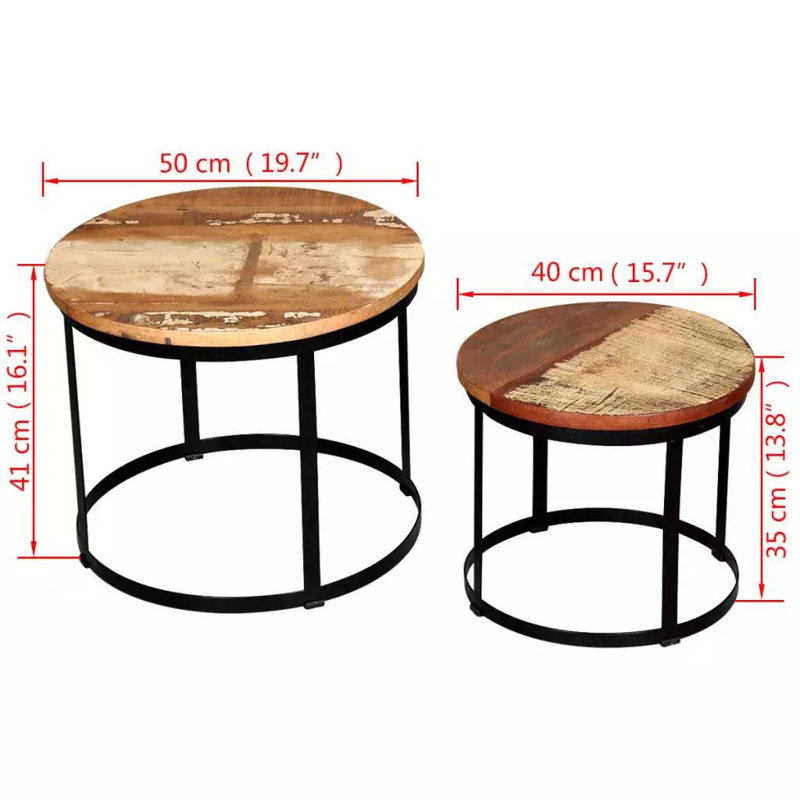 Vintage Charm Industrial Round Coffee & Side Table Set in Polished Wood & Metal