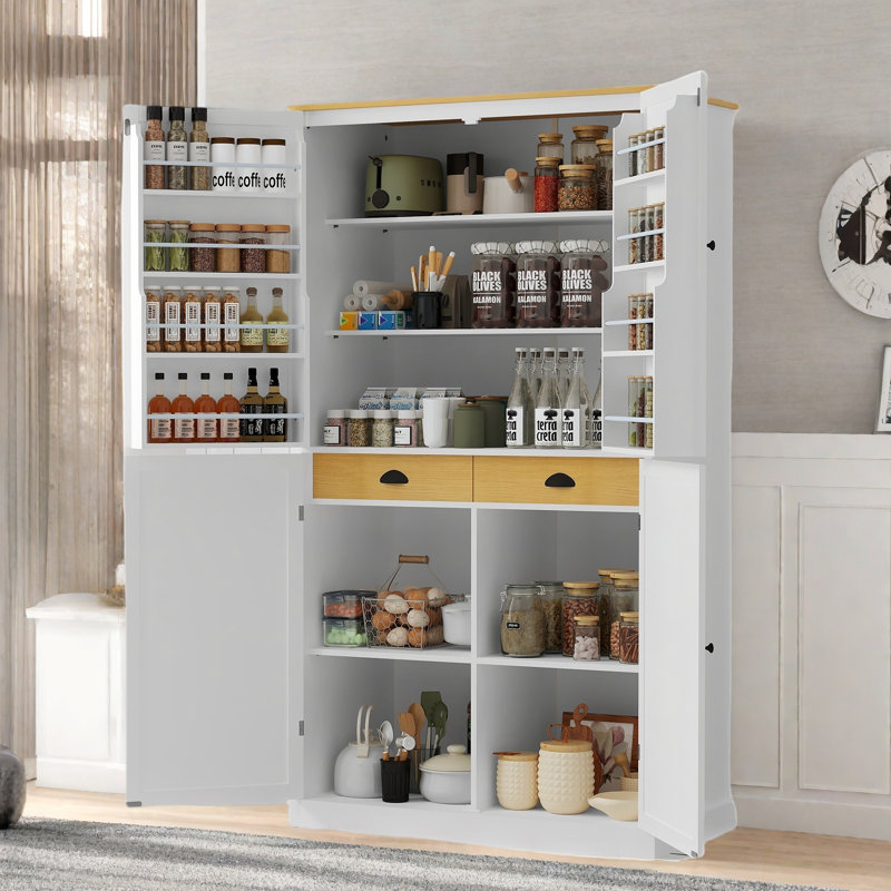 Garde-manger avec 2 tiroirs intégrés, 2 tablettes réglables, 8 tablettes de porte et 1 armoire de rangement, Blanc