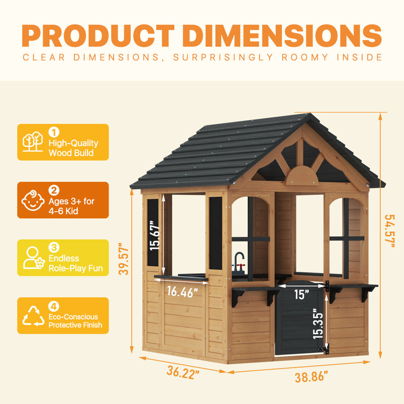 Maisonnette extérieure en bois massif pour enfants avec cuisine, tableau noir et niche pour animaux