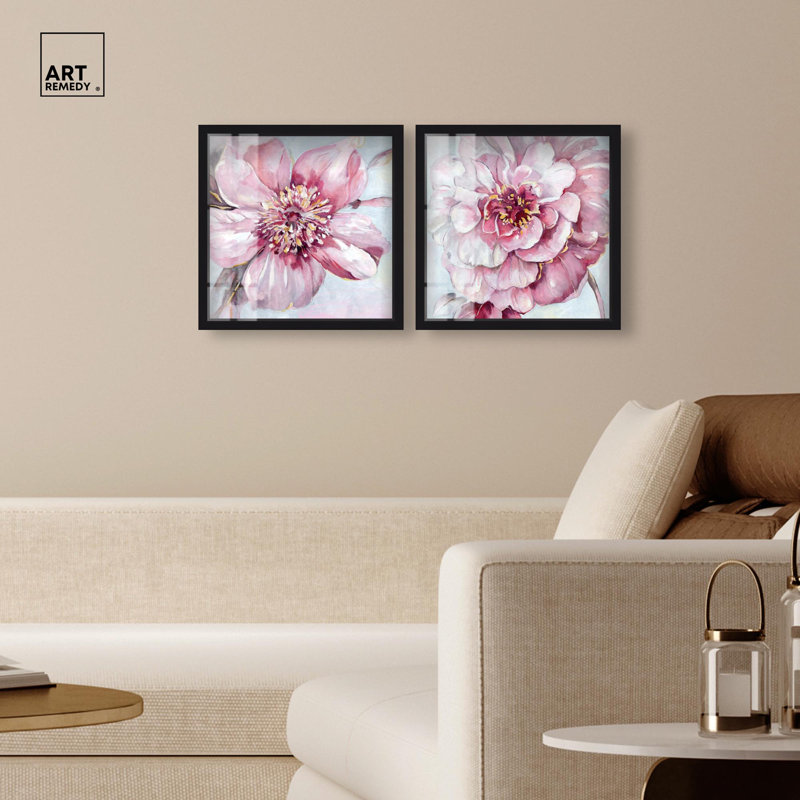 Blush Pink Floral Art , H 17 po x l 17 po, Noir