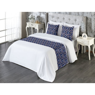 Ambesonne Japanese Bed Runner Set Circular Branch Floral Art Night Blue and Pale Pink