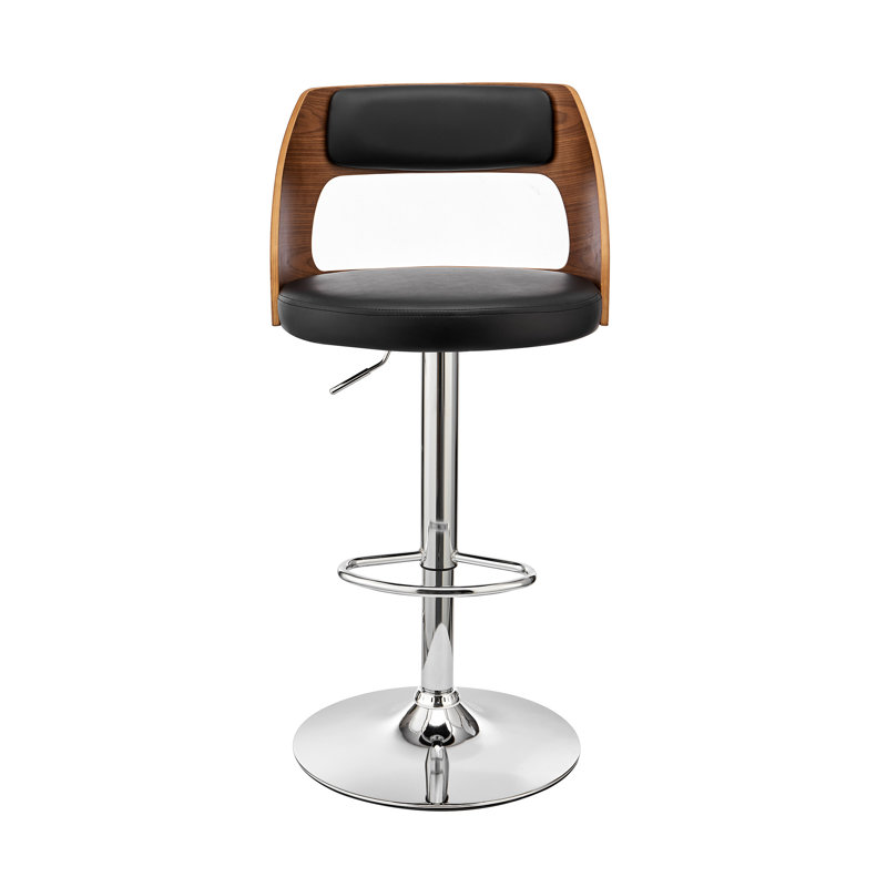 Inri Mid-century Swivel Adjustable Height Bar Stool with Open Back in Faux Leather, Wood, Metal, Brown/Cream, Chrome