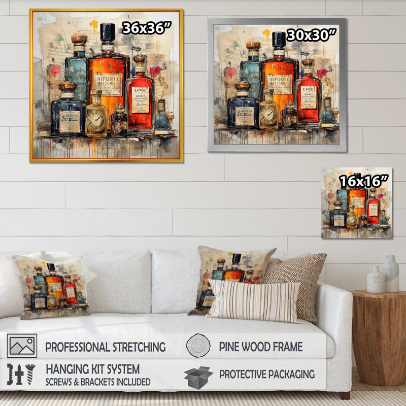 Parfum rétro parfumée 2 - Parfums, art mural, H 30 po x l 30 po x P 1,5 po, Cadre flottant doré