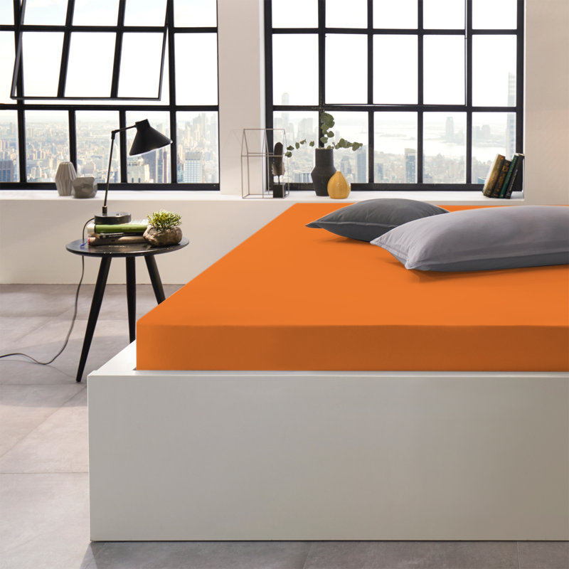 100% Cotton Jersey Knit Fitted Sheet, Orange, L 140x200cm - 160x220cm