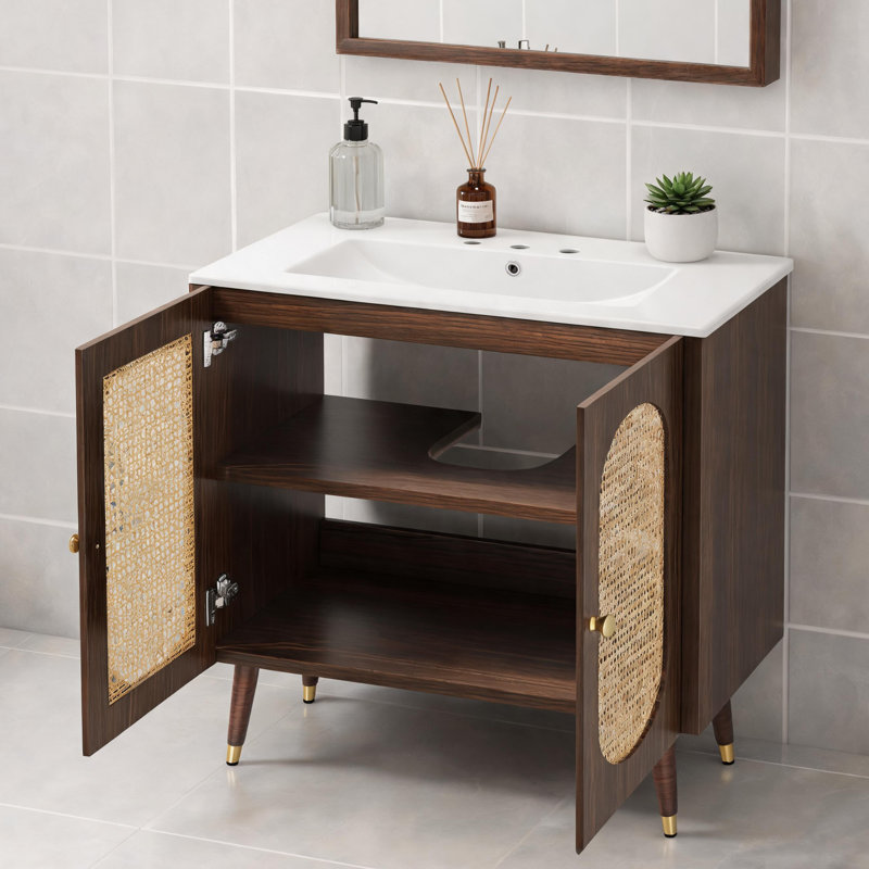 Meuble-lavabo de 36 po de couleur bohème en rotin de couleur noyer avec porte de lavabo à fermeture en douceur et joint d'étanchéité à quatre côtés.