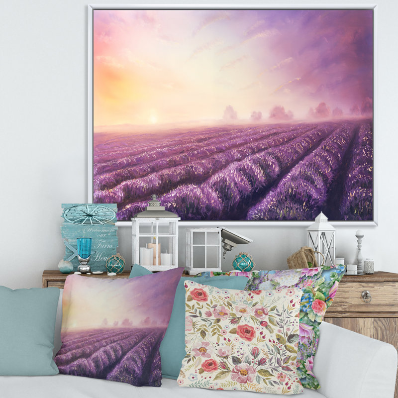 Lavender Fields pendant l'aube - reproduction sur toile, Toile blanche encadrée, H 24 po x l 32 po x P 1 po
