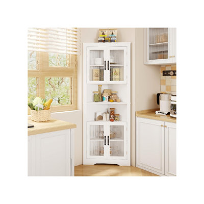 67" Tall Corner Cabinet, Space-Saving Triangular Storage 4 Tempered Glass Doors Freestanding Corner Shelf For Bathroom, Kitchen, Living Room White