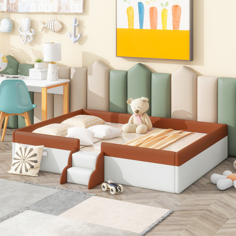 Twin Size Upholstered Daybed Frame with Fence and Stairs, PU Leather Platform Bed with Sturdy Slats,(BROWN+WHITE), Brown