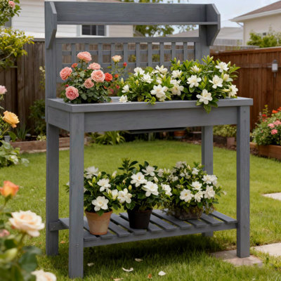 Wooden Workstation,Outdoor Potting Bench Table,With Sliding Tabletop,Storage Shelf And Dry Sink,For Greenhouse,Garden,Patio