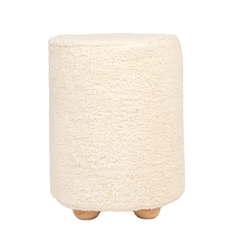 Round Sherpa Upholstered Pouf with Pine Wood Feet