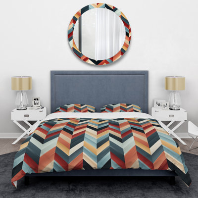 Ensemble de housse de couette en microfibre à chevrons géométriques rouge clair et bleu orange / bleu sarcelle