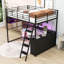 Lit mezzanine en métal avec bureau, tablettes à DEL et tablettes de rangement-423176938