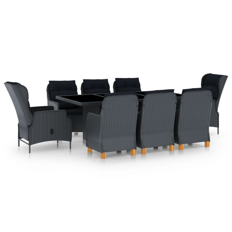 9 Piece Patio Dining Set with Cushions Poly Rattan, Black