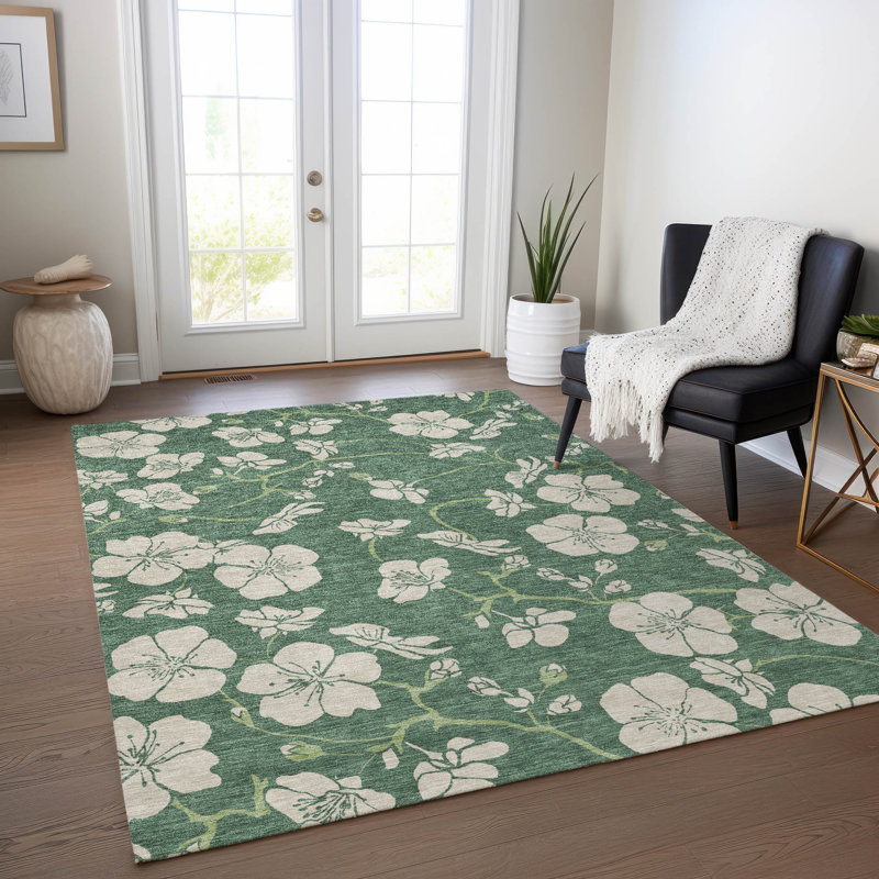 Sage Floral Synthetic Washable Rectangular Area Rug
