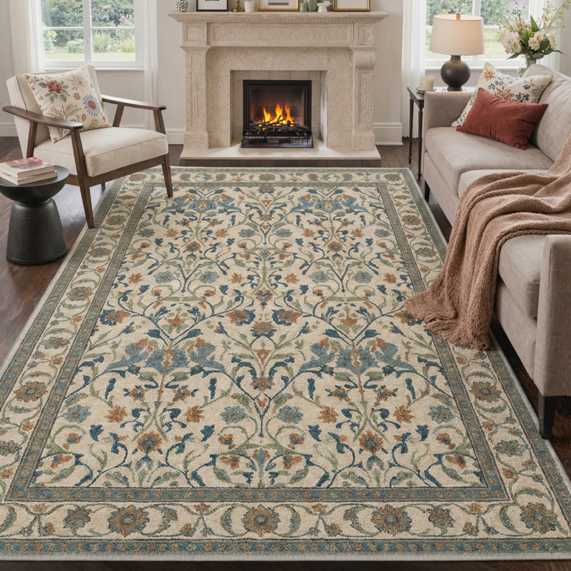 Vinea Floral Vines Machine Washable Oatmeal Beige Indoor Area Rug With Non-Slip Backing, Rectangle 5' x 7'