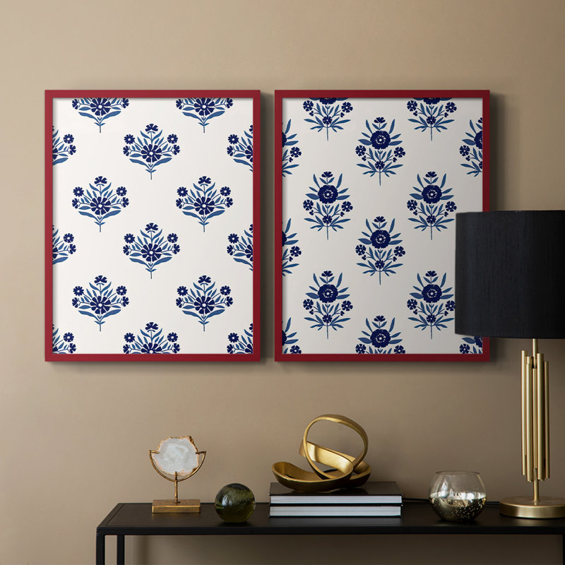 Motif de fleurs indigo I - impression encadrée de qualité supérieure - prêt à être accroché - aucun clou requis - aucun clou requis