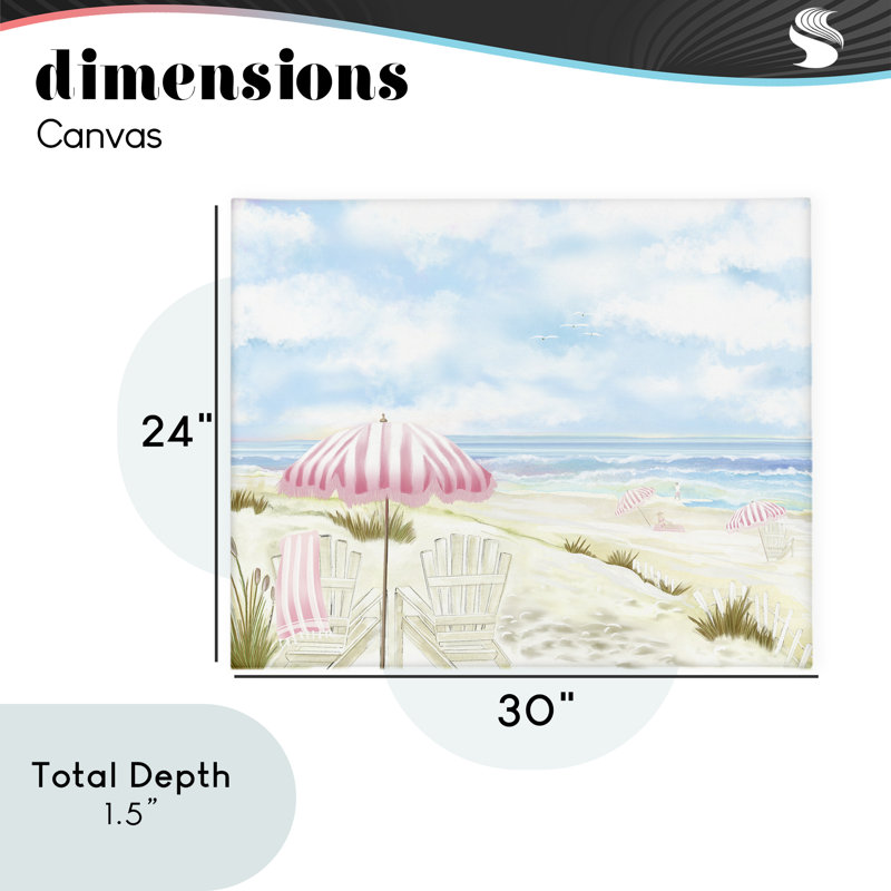 Paysage marin avec toile de parasol rose, design par Lori Mosley, H 24 po x l 30 po