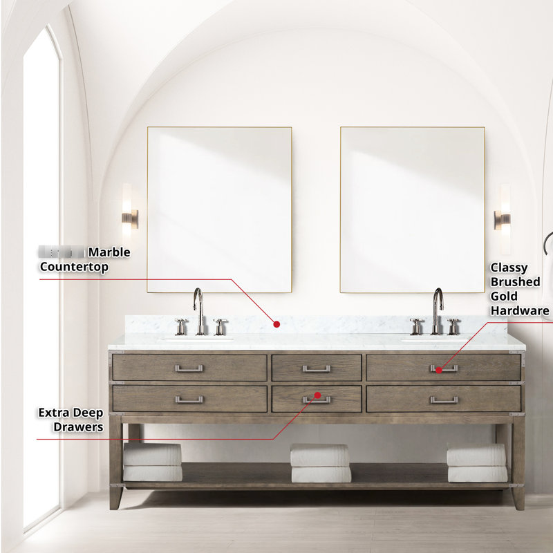 Double 36 po Miroir de salle de bain en chêne gris avec miroir et plateau poli à la main avec miroir