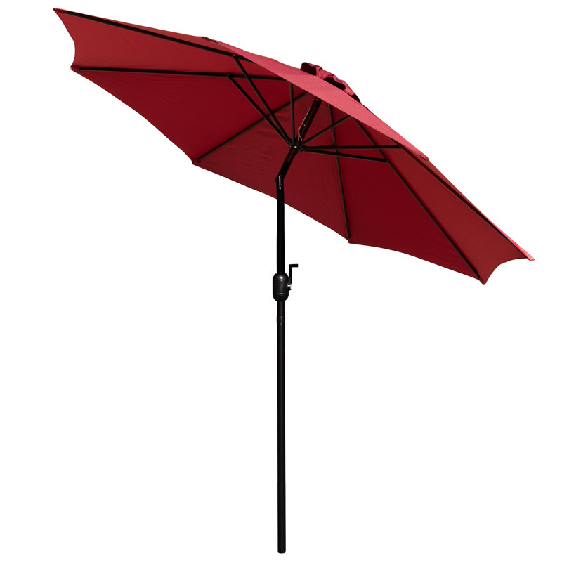 Saville Black Steel Framed 30" x 48" Faux Teak Patio Table-Tan 9FT Patio Umbrella-Base, Red Umbrella