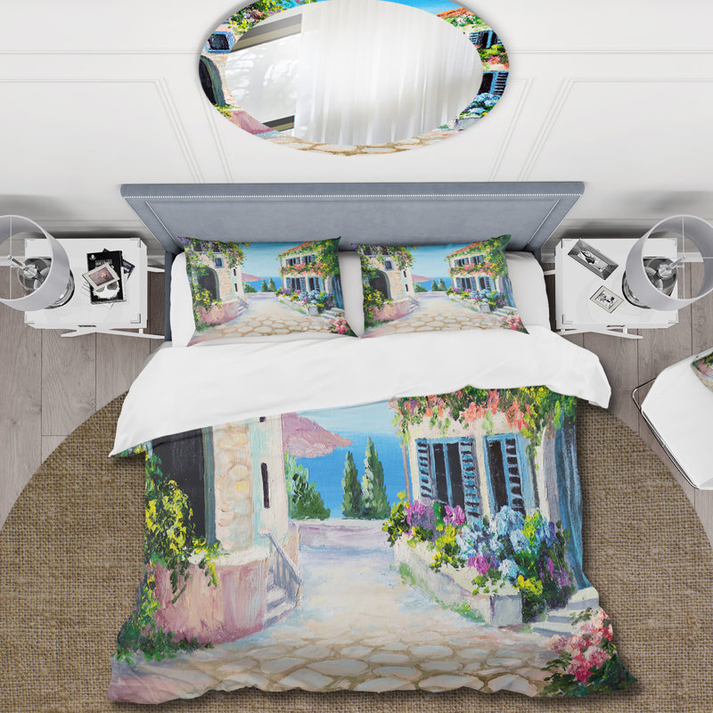 Maisons blanches avec fleurs en fleurs près de la mer - Ensemble de housse de couette nautique - Polyester en microfibre