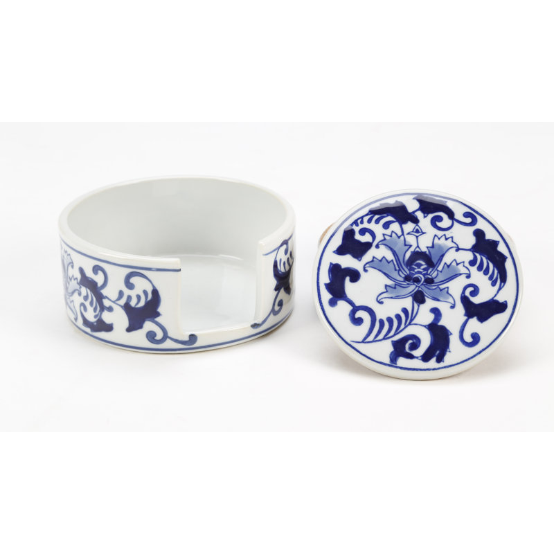 Set Of 5 Coasters, Blue And White Floral Design