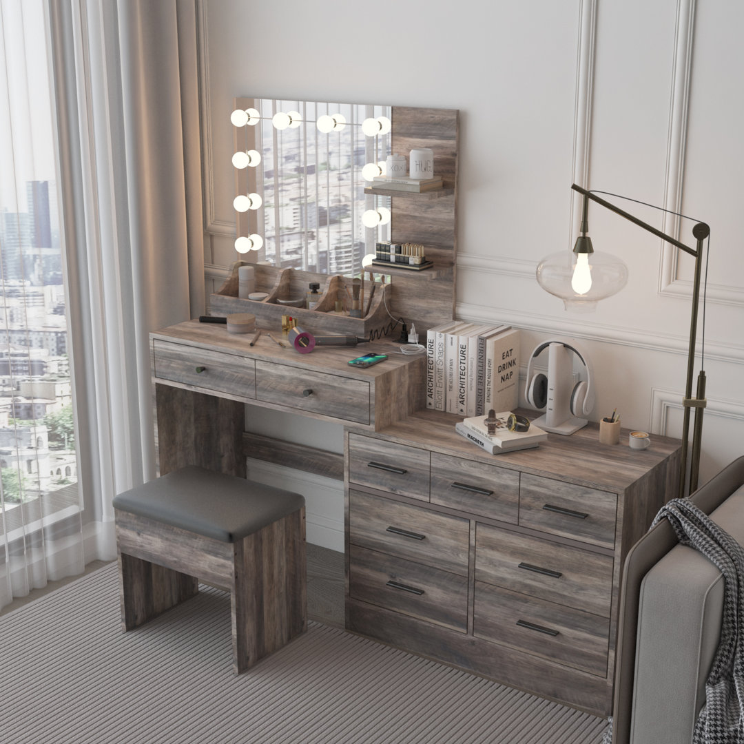 Large Makeup Vanity Set with Lights, USB & Power Outlet and 9 Drawers Latitude Run® 