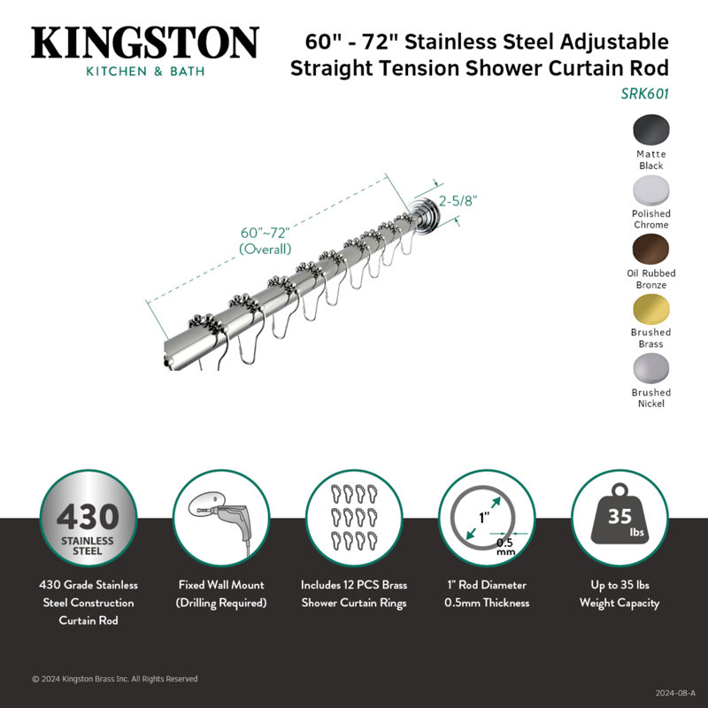 Polished Chrome Adjustable Tension Shower Curtain Rod with Rings
