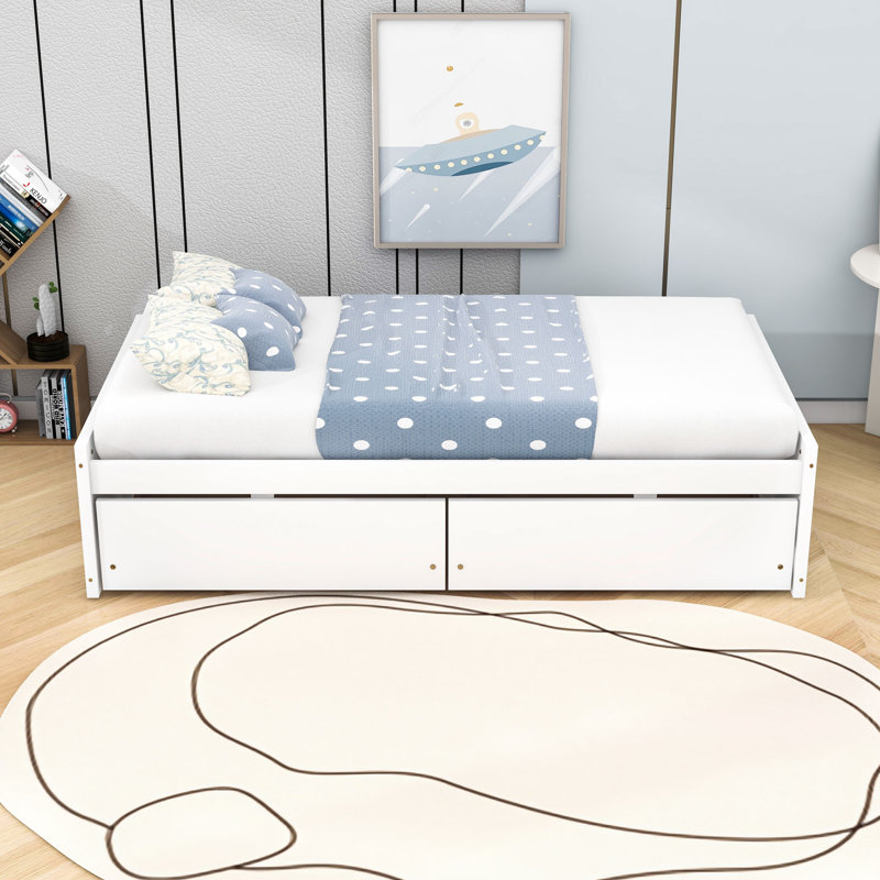 Lit plateforme simple en bois avec 2 tiroirs Yunet, Blanc