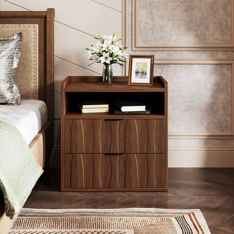 2-Drawer Walnut Tone Nightstand With Storage Mid Century Bedside Table