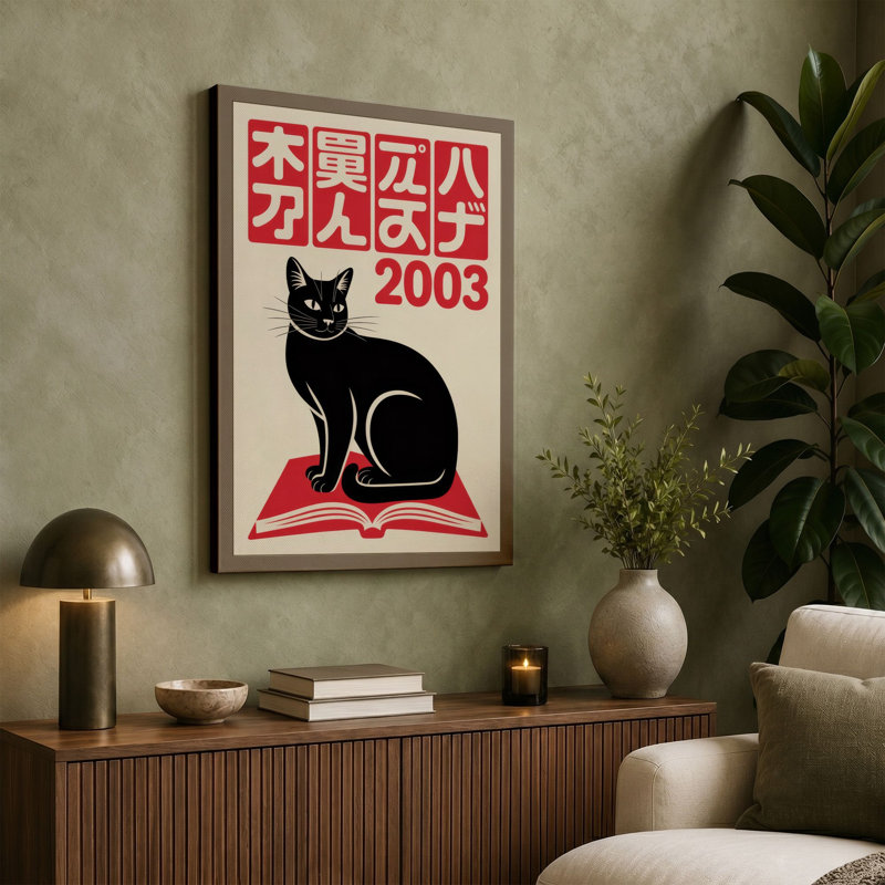Black Cat, Red Book Japandi 1 Piece Wrapped Canvas Wall Art, 24x16 - 61.0 x 40.6 cm, Black Border