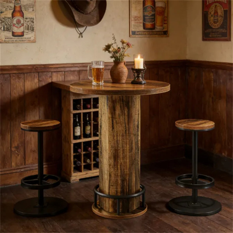 Ensemble de table de bar ronde avec 2 tabourets, table de pub de style industriel/ferme avec repose-pieds, table basse en MDF aspect bois pour bar, café et salle à manger.
