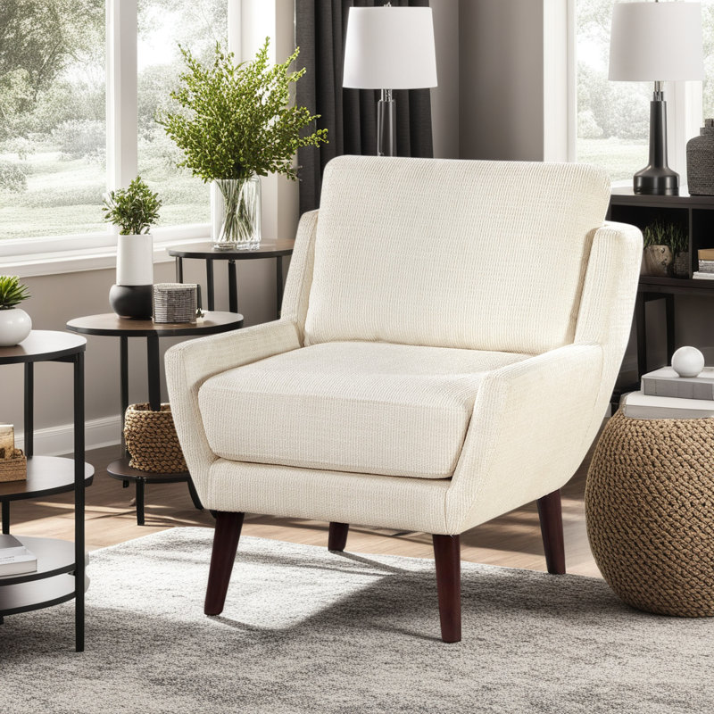 Chaise d'appoint en chenille avec coussins réversibles et pieds en bois massif, fauteuil rembourré avec ressorts ensachés