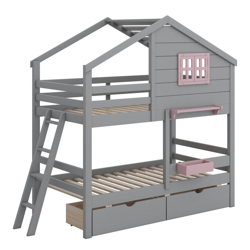Lit superposé avec 2 tiroirs, 1 boîte de rangement, 1 tablette, fenêtre et toit, Gris