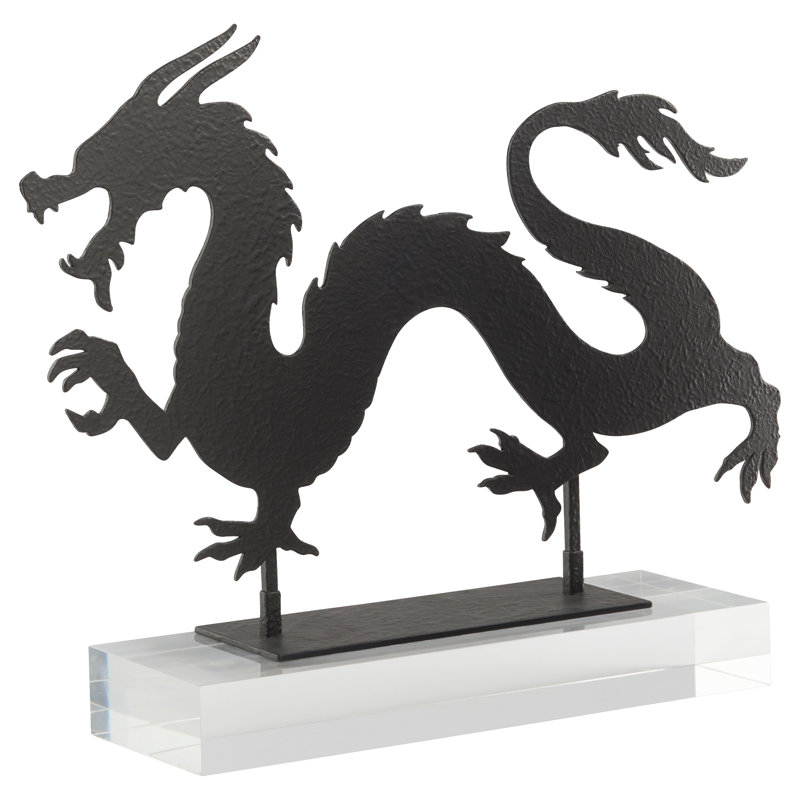 Black Iron Chinoiserie Dragon Sculpture, 16"