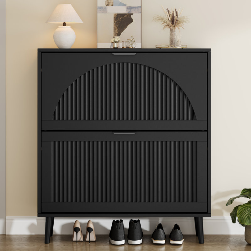 Modern 16 Pairs Shoe Cabinet with 2 Flip Drawers and Adjustable Shelves, Narrow Wood Shoe Storage with Fluted Arched Front for Entryway