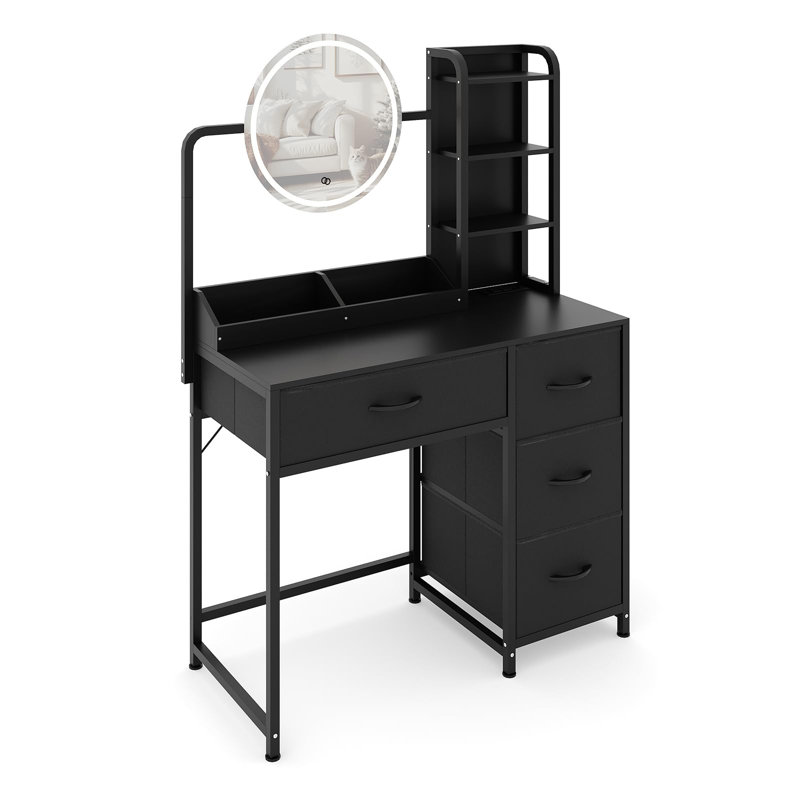 Small Vanity Desk with Lighted Round Mirror & Power Outlet, Makeup Vanity Table with 4 Fabric Drawers & 3 Shelves, Modern Dressing Table for Bedroom