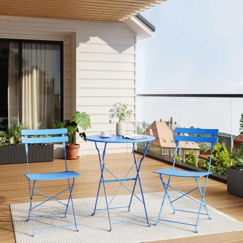 3-Piece Folding Bistro Set, Steel Frame Table and Chairs, Space-Saving Patio Furniture, Blue, Blue